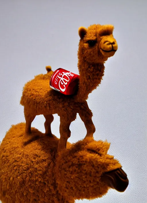Image similar to 80mm resin detailed miniature of fluffy camel in desert, coca cola in camel head, in background there is fir, Product Introduction Photos, 4K, Full body, simple background