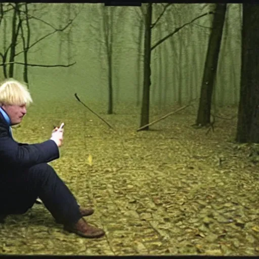 Prompt: trail camera footage of Boris Johnson at night smoking a cigarette