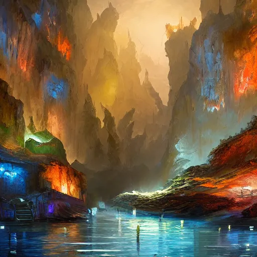 Prompt: a highly detailed 4 k fantasy matte oil painting by afremov of city inside cave built around a long river. artstation, cgsociety, unreal engine, concept art, red and blue color scheme.