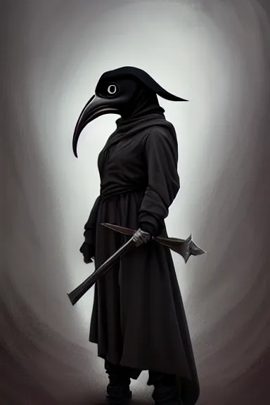 Prompt: Full body Picture of a female Plague doctor, jet black tuffle coat, beaked mask, battle, alone, alluring, D&D, extremely detailed, by artgerm and Craig Mullins, James Jean, Andrey Ryabovichev, Mark Simonetti and Peter Morbacher, matte painting, trending on artstation, artstationHD, artstationHQ, octane, full HD, 16K, award winning