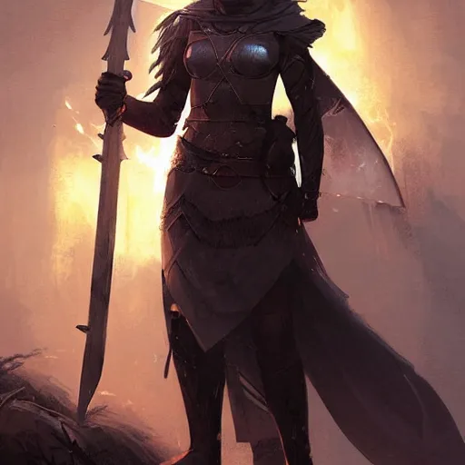 Image similar to A celtic-looking valkyrie nun wearing lightweight armor and wielding a splinter sword, at night, with a flame arrow rain on the background, award-winning digital art, Greg rutkowski, Trending artstation