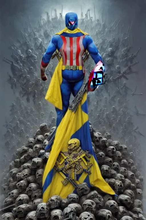 Prompt: A super soldier with a Ukrainian coat of arms and Ukrainian blue and yellow flag is standing on a pile of skulls, Call of Duty, marvel, dark, intricate, highly detailed, smooth, artstation, digital illustration by Ruan Jia and Mandy Jurgens and Artgerm and Wayne Barlowe and Greg Rutkowski and Zdislav Beksinski