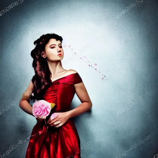 Image similar to a beautiful woman in a dress holding a rose against the backdrop of a dark night. she looks like a queen from ancient times.