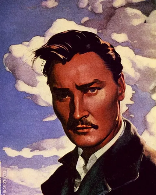 Image similar to Errol Flynn as a scientist. 1980s dystopian Soviet Russia, propaganda screens. Fantasy art by Greg Rutkowski, Gustave Courbet, Rosa Bonheur, Edward Hopper, Ilya Yefimovich Repin, Jean-François Millet, Andrew Newell Wyeth. Faithfully depicted facial expression, perfect anatomy, sharp focus, global illumination, radiant light, detailed and intricate environment, trending on ArtStation