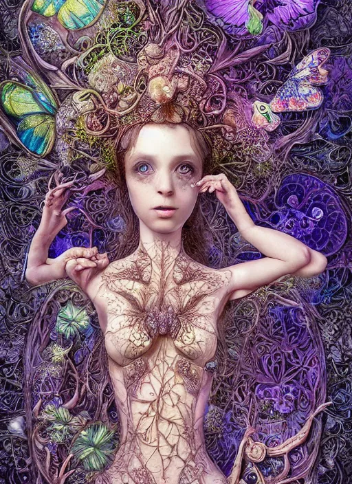 Prompt: a pixie queen in her 3 d bioluminescent radically alive world of fungal fractals and butterflies, intricate mycelial lace, fractalpunk, rococo, ultra detailed, intricate details, ornate, hyperrealistic, octane render, inspired by ross tran & brian froud & james jean & android jones & william morris & ernst haeckel & alphonse mucha