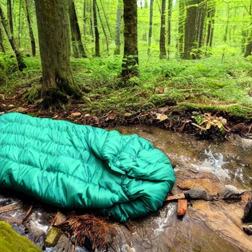 Prompt: a sleeping bag by a small creek in a forest