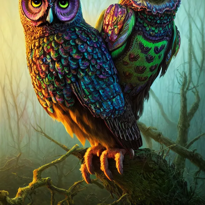 Image similar to psychedelic owl in haunted swamp, highly detailed, d & d, fantasy, highly detailed, digital painting, trending on artstation, concept art, sharp focus, illustration, oil on canvas, global illumination, ray tracing, realistic shaded, art by artgerm and greg rutkowski and fuji choko and viktoria gavrilenko and hoang lap