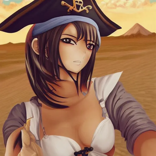 Image similar to Painting of a female anime pirate captain in the middle of a desert, anime contour shading