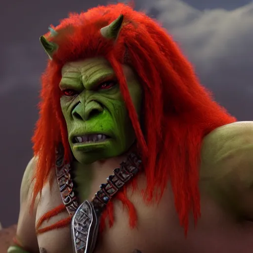 Image similar to beautiful redhead orc with warrior outfit, clash royal style characters, unreal engine 5, octane render, detailed, cinematografic, cinema 4 d