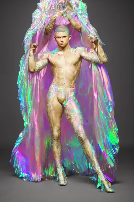 Image similar to full-body rococo and cyberpunk delicate neon crystalline sculpture of ((muscular albino prince Nick Jonas)) (((con la piroca dura))) as an iridescent humanoid deity wearing a thin see-through ((plastic hooded cloak)) sim roupa (holding a human skull), reclining con (((las piernas abiertas))), glowing pink face, crown of (white lasers), large diamonds, swirling black silk fabric. futuristic elements. oozing glowing liquid, full-length view. space robots. intricate artwork by caravaggio. Trending on artstation, octane render, cinematic lighting from the right, hyper realism, octane render, 8k, depth of field, 3D