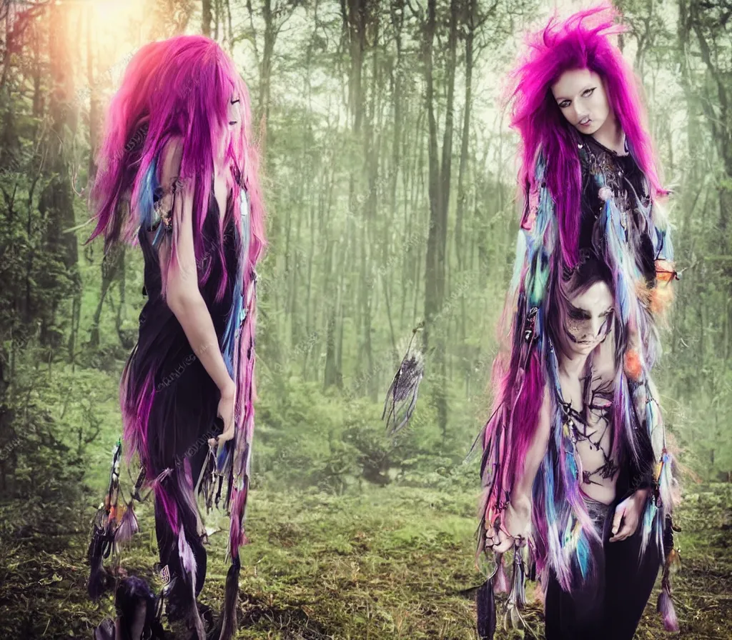 Prompt: realistic photo of a witch - like girl in a black cloack in jeans and with pastel pink hair and hazel eyes standing in woods full of sun beams holding a dreamcatcher and a tarot cards deck in a dreamy style, magical middleground with unicorns and a contemporary cityscape far on the background