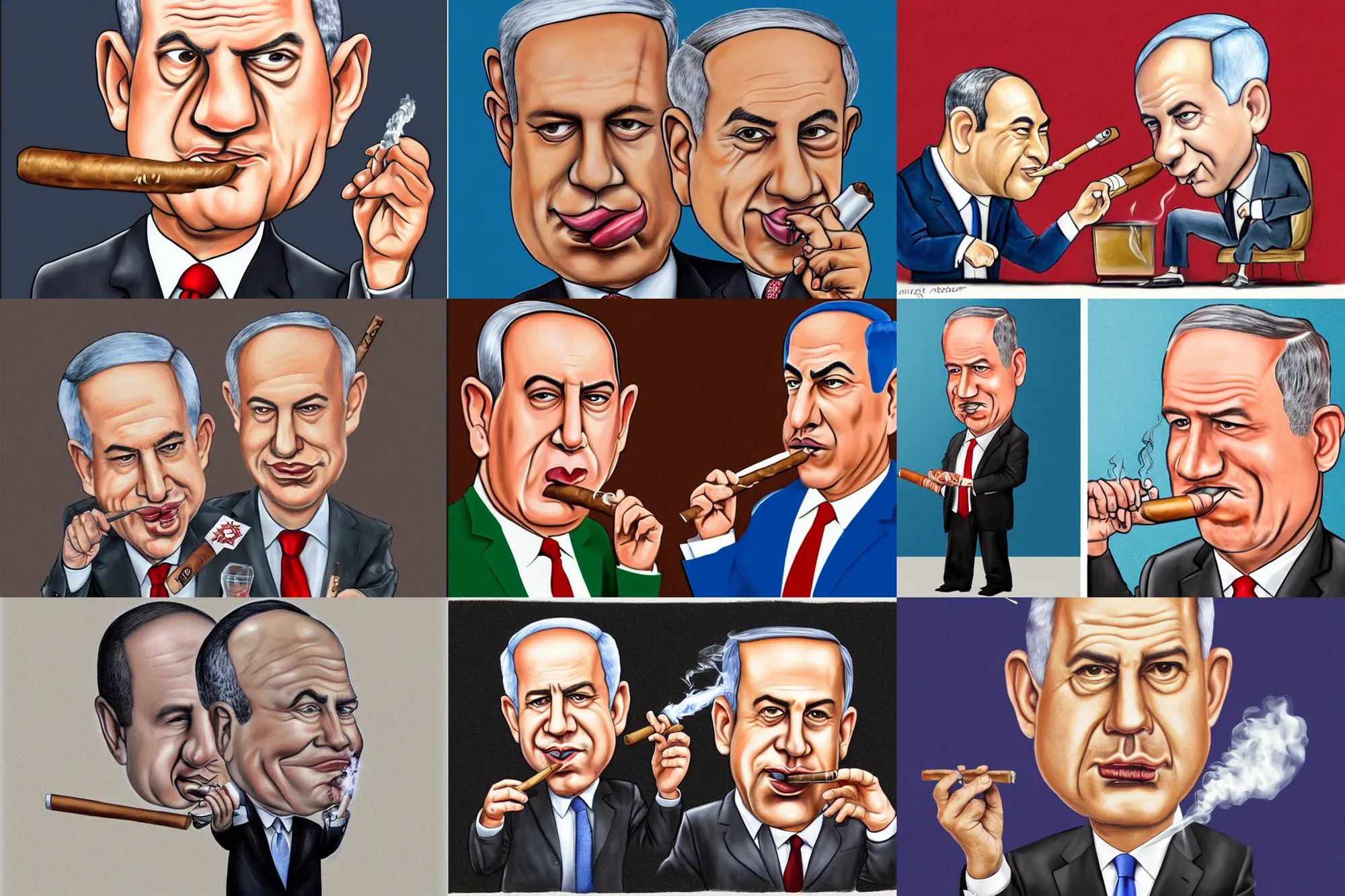 Prompt: airbrush caricature of netanyahu smoking a cuban cigar