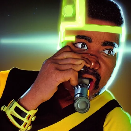 Image similar to a hyper realistic ultra realistic photograph of Geordi La Forge spitting up neon gravy, highly detailed, 8k photograph