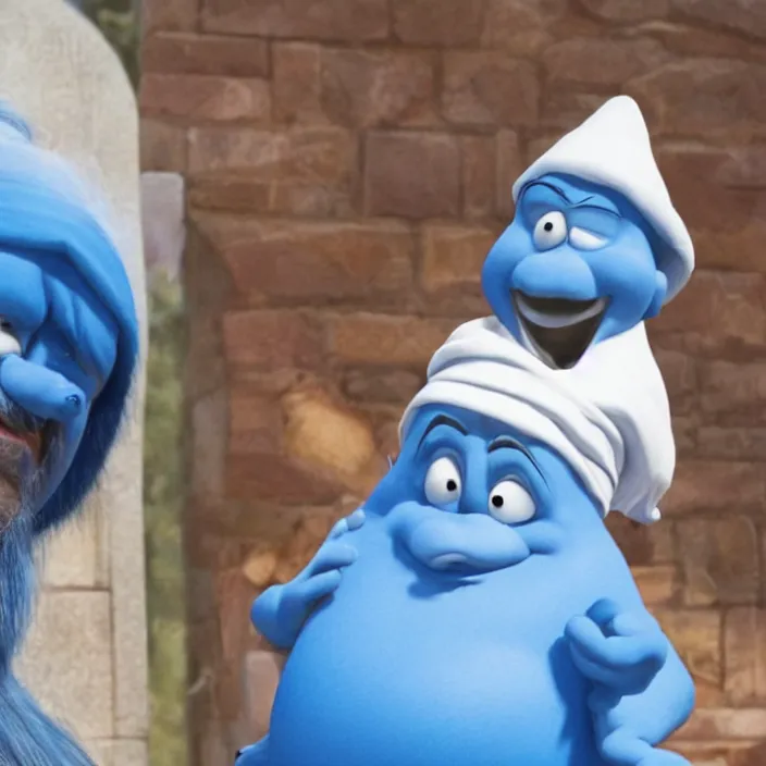 Image similar to jack black as papa smurf live action movie, 8 k,