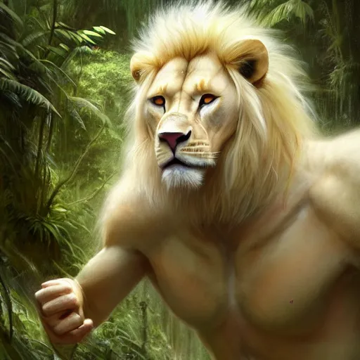 Image similar to commission portrait of a male anthro albino lion,dressed in jungle clothes,goung through a jungle.,dramatic,character design by charles bowater,greg rutkowski,ross tran,hyperdetailed,hyperrealistic,4k,deviantart,artstation,professional photography,concept art