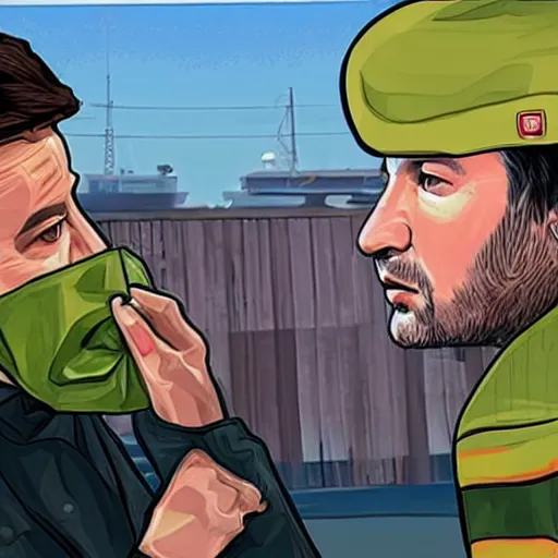 Prompt: Vladimir Puting kissing Zelensky in gta art style