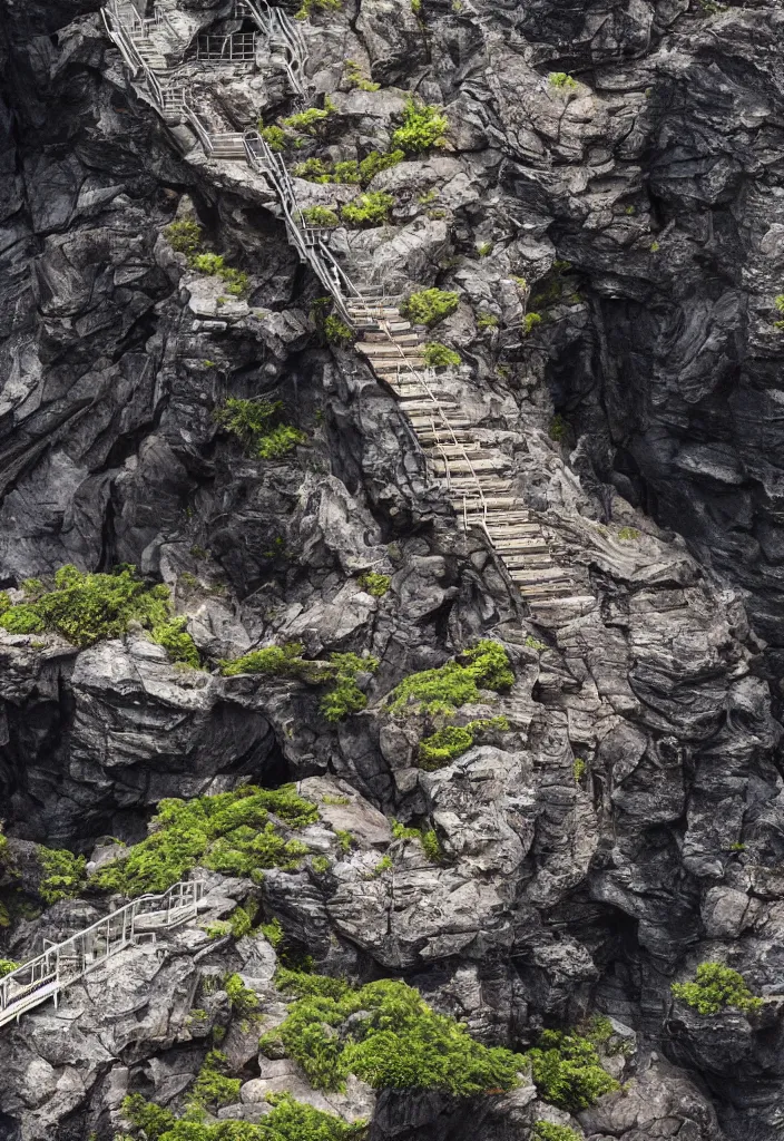 Image similar to kodak portra 4 0 0, photographic and realistic vast staircase carved into black rock cliff side, photorealistic, hyper detailed, 8 k, movie still, artstation, unreal engine,