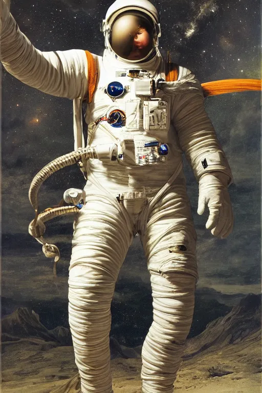 Prompt: an astronaut with cables in the body, 8 k, hdr, great light, gustave courbet, annie leibowitz