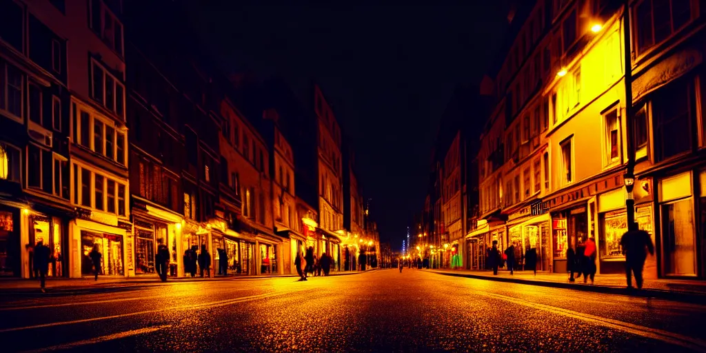 Prompt: high quality photograph of two city streets at night, photo taken at eye height, extremely wide angle, nightlife, people walking, 4 k professional photograph, nice place to live, midrise buildings, narrow streets, soft warm street lamps, small windows, cozy, trending on artstation, detailed, beautiful, photograph, realistic