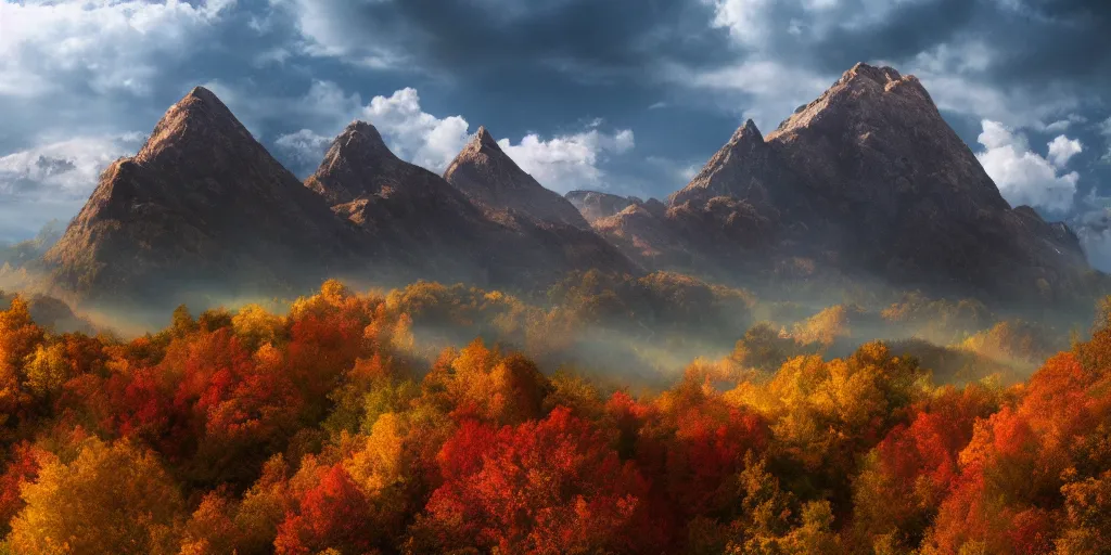 Image similar to peaceful clouds, mountain range, autumn, colorful leaves, epic, matte painting, concept art, 4k