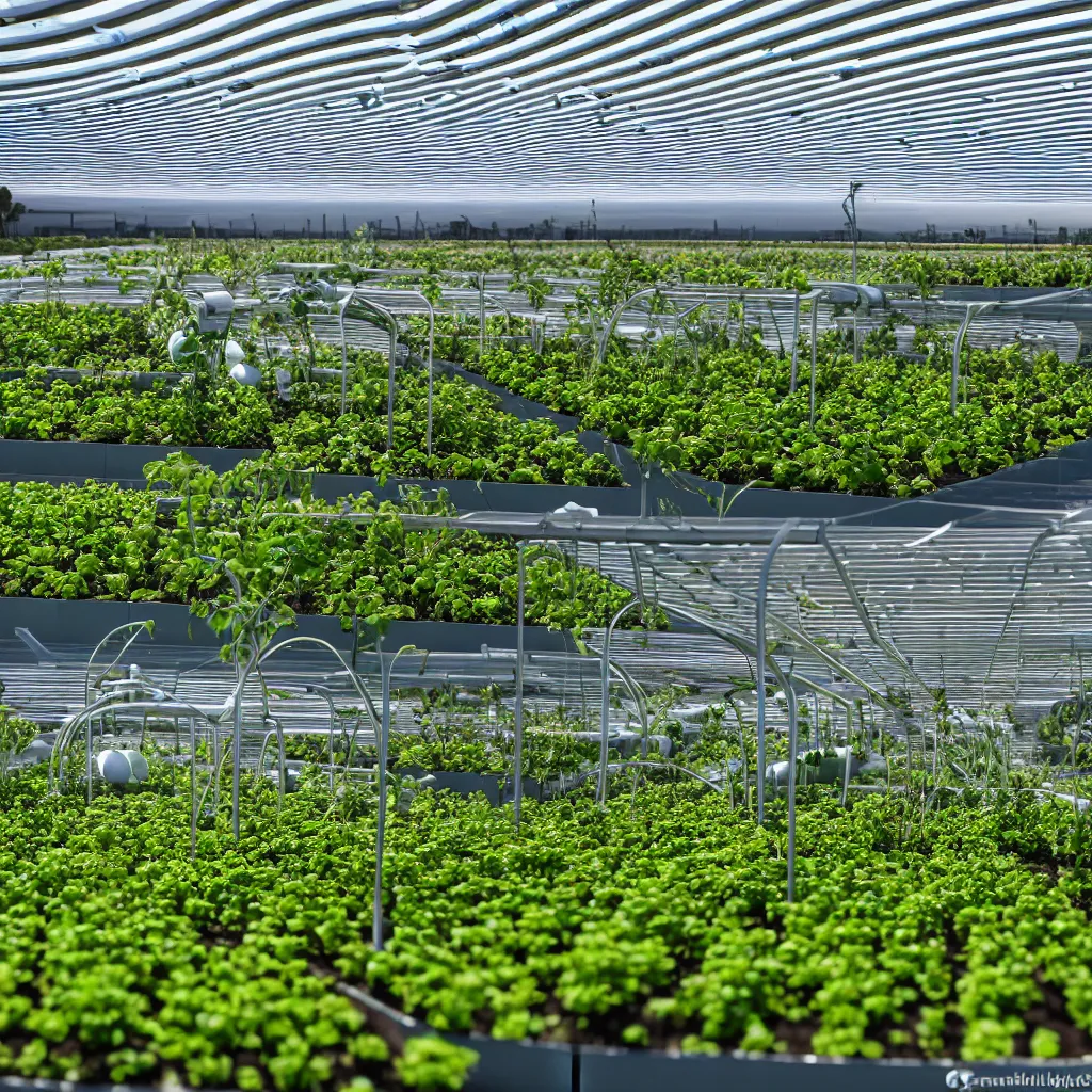 Image similar to zaha hadid windtrap shaped atmospheric water collector, irrigation system in the background, racks of vegetables growing, in the middle of the desert, with a miniature indoor lake, XF IQ4, 150MP, 50mm, F1.4, ISO 200, 1/160s, natural light at sunset with outdoor led strip lighting