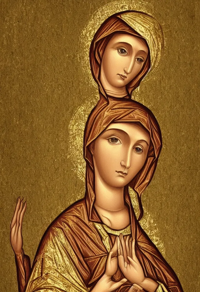 Image similar to saint mary reimagined as digital art by theophilia from deviantart, gold background, very detailed,