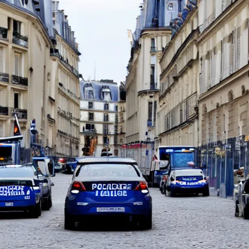 Prompt: a photo of several french police cars parked in a paris street in the morning