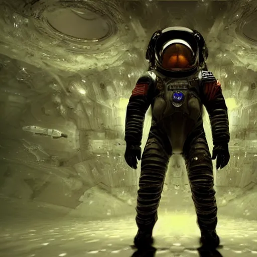 Image similar to concept art by craig mullins astronaut in futuristic dark and empty spaceship underwater. infrared complex and hyperdetailed technical suit. mandelbulb fractal. reflection and dispersion materials. rays and dispersion of light. volumetric light. 5 0 mm, f / 3 2. noise film photo. flash photography. unreal engine 4, octane render. interstellar movie art