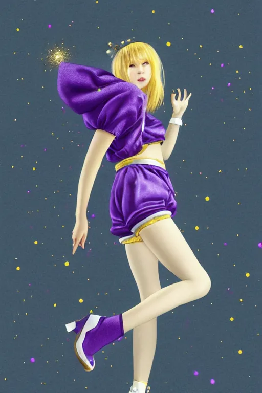 Prompt: Full View girl with short blond hair wearing an oversized purple Beret, Baggy Purple overall shorts, Short Puffy pants made of silk, silk shoes, a big billowy scarf, Golden Ribbon, and white leggings Covered in stars. Short Hair. Purple silk gloves. masterpiece 4k digital illustration by Ruan Jia and Mandy Jurgens and Artgerm and william-adolphe bouguereau, award winning, Artstation, art nouveau aesthetic, Alphonse Mucha background, intricate details, realistic, panoramic view, Hyperdetailed, 8k resolution, intricate art nouveau