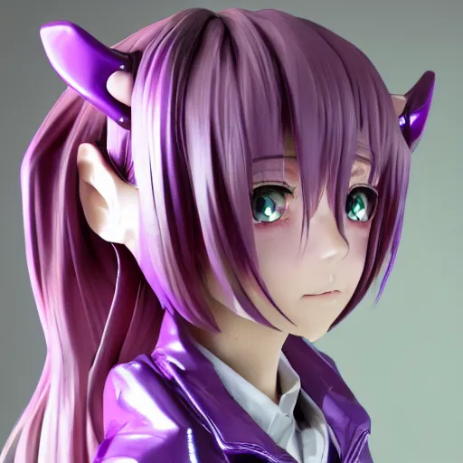 Image similar to portrait of a anime and chibi very cute girl with purple jacket design by antonio mello, xkung work, kawaii, genshin, cyberpunk fashion, character modeling, toy design, substance 3 d painter, blender, mental ray, zbrush, soft vinyl, bio luminescent, maximalist sculpted design portrait, studio photo, 7 0 mm lens, trending in artstation