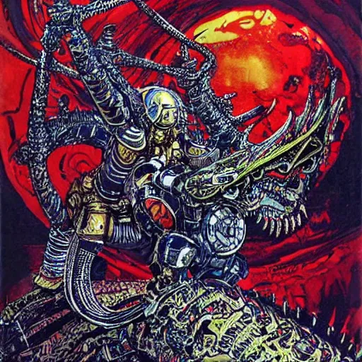 Image similar to middle age knight riding a giant mechanical dragon, art by philippe druillet,