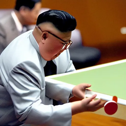 Prompt: photo of kim jung un playing ping pong