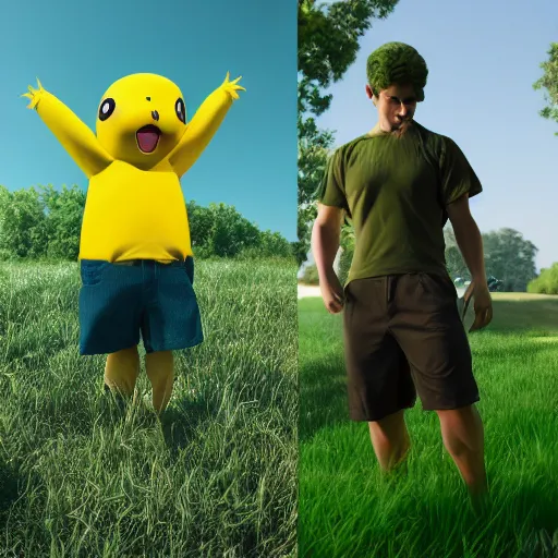 Image similar to ultra chad, green world, realistic, having fun with pikachu, complex, octane render, unreal engine, photorealistic
