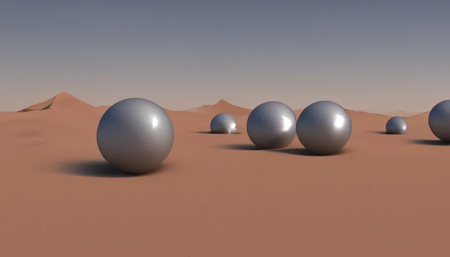 Prompt: metallic silver spheres in desert, sand dunes, heat wave, hyperdetailed, artstation, cgsociety, 8 k