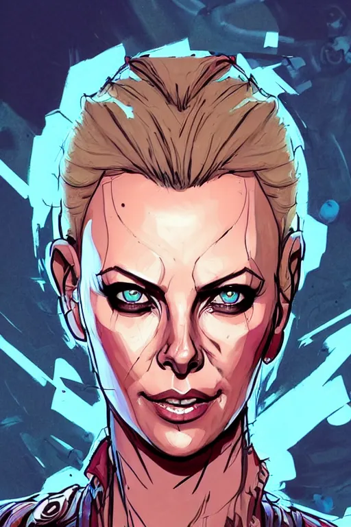 Prompt: a study of cell shaded portrait of Charlize Theron sharpshooter as Borderlands 3 concept art, llustration, post grunge, concept art by josan gonzales and wlop, by james jean, Victo ngai, David Rubín, Mike Mignola, Laurie Greasley, highly detailed, sharp focus, alien, Trending on Artstation, HQ, deviantart, art by artgem