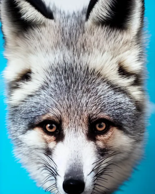 Image similar to black pink green blue white fox looking into the camera, portrait, blue background, 8 k, 8 5 mm f 1. 8