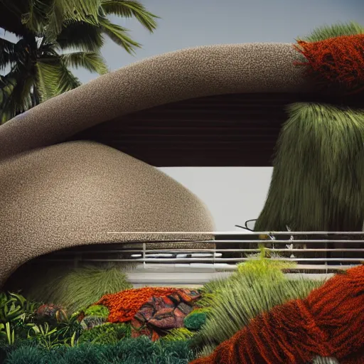 Prompt: furry roof villa architecture tufting nick cave gravity defying suspended garden of eden retreat poetic brutalist highly detailed optimistic future surreal octane flowing structure flowing wild hairy texture lush with colors and neutrals flowing architectural space trish anderson carpet hypertextture modernist hyper realistic lush abundant retreat octane render, misty, sunrise