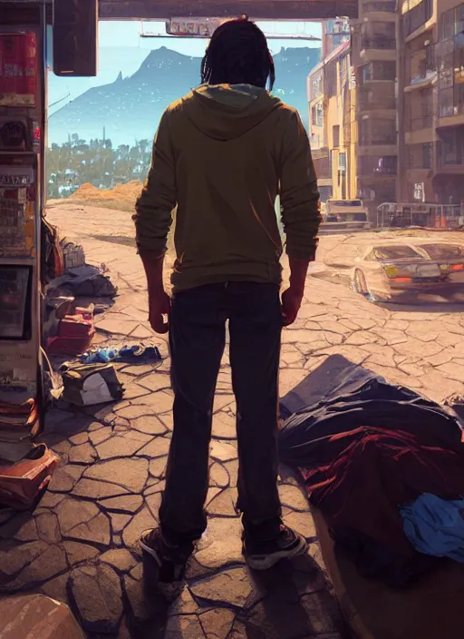 Prompt: Highly detailed full-body portrait of homeless The Rock, in GTA V, Stephen Bliss, unreal engine, fantasy art by Greg Rutkowski, Loish, Rhads, Makoto Shinkai and Lois van baarle, ilya kuvshinov, rossdraws, Tom Bagshaw, global illumination, radiant light, detailed and intricate environment