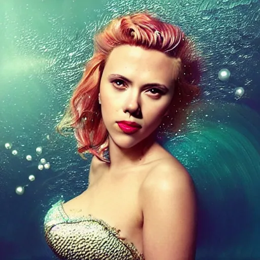 Prompt: “Scarlett Johansson portrait, fantasy, mermaid, cartoon, pearls, glowing hair, shells, gills, crown, water, highlights, starfish”