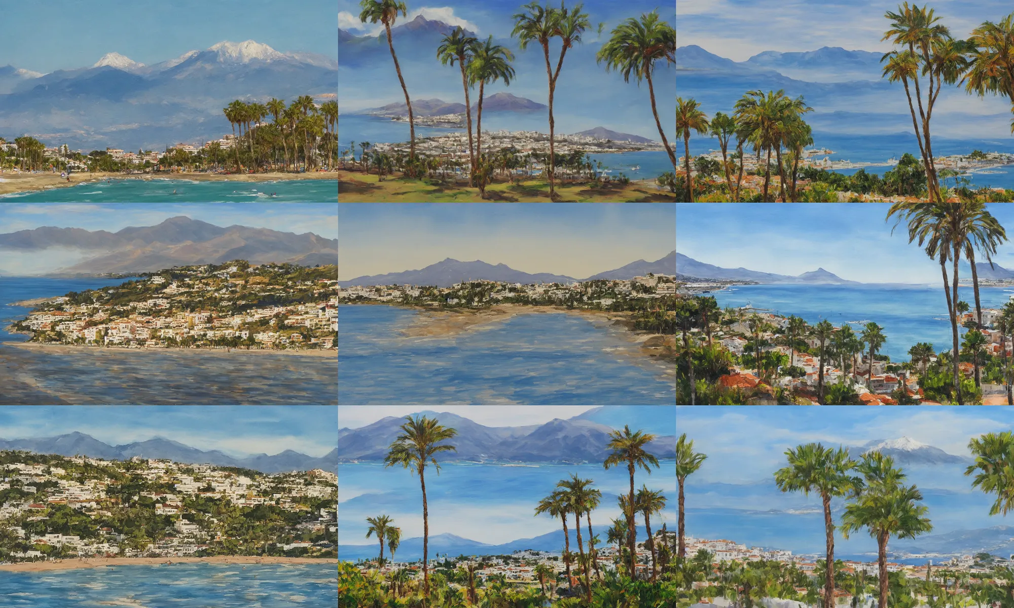 Prompt: marbella landscape, sun coast, small city, beach, mountain in the background, trending on artstation