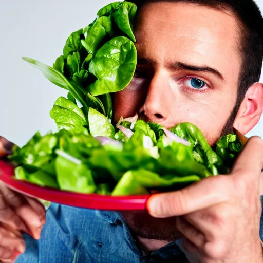 Image similar to close up headshot of a sad man eating salad, stock photograph, studio lighting, 4k, beautiful symmetric face, beautiful gazing eyes