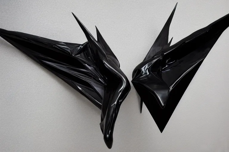 Prompt: ASYMMETRICAL irregular brutalist black-metal winged sculpture made of glossy black liquid latex and industrial hardware, sharp irregular spiraling wings, long sharp jagged edges, designed by nancy grossman, anish kapoor, herman nitsch, 8k, hyperrealistic, hyper-detailed, highly textured, gloss finish, dark volumetric lighting