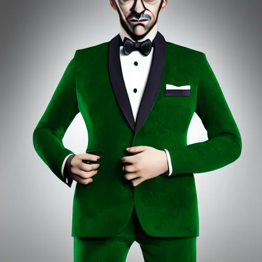 Image similar to a half owl half man creature wearing a green tuxedo suit,photorealiatic,hyperdetailed,hyperrealistic,studio lighting,studio photography,professional photography,professional lighting,detailed face,3 point lighting,4k,photorealistic,calm,anthropomorphic