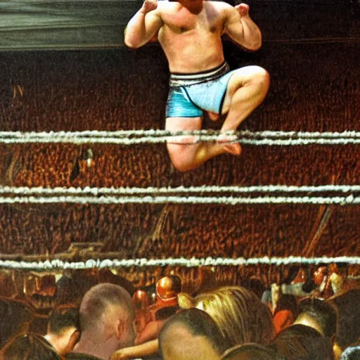 Image similar to pro wrestler Jeremy The Egg Shelson perform his signature top rope move in the ring, big arena thousands of fans in background, short depth of focus painted by Carravagio