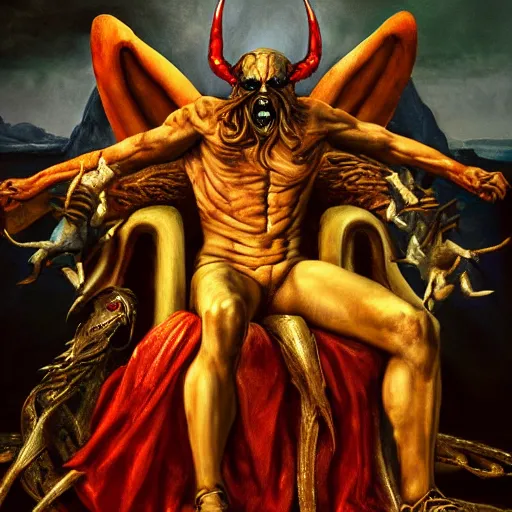 Image similar to Satan takes his seat on the throne of the underworld, hyperrealistic, dark fantasy art, renaissance painting, high detail, ultra hd, 4k, dungeons and dragons, heavy metal