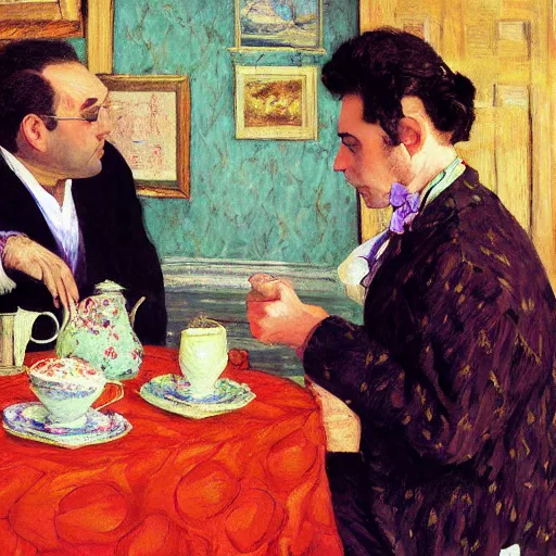 Prompt: seinfeld fancy tea party, george costanza, kramer, elaine, digital art, illustration, highly detailed, warm color scheme, soft lighting, sharp focus, gustave caillebotte, artemisia gentileschi