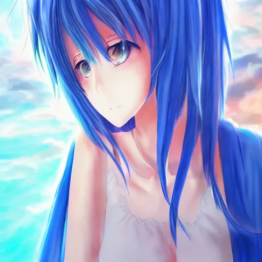 Prompt: an anime girl with blue hair, trending on pixiv, detailed, anime, pastel colors, dramatic lighting, by kawacy