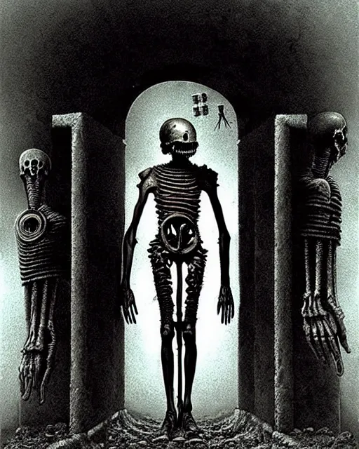 Image similar to full-body creepy realistic central composition, a decapitated soldier with futuristic elements. he welcomes you into the fog with no head, dark dimension portal, empty helmet inside is occult mystical symbolism headless full-length view. attendants watching, standing in ancient gate eldritch energies disturbing frightening eerie, what does it mean, artwork by Salvador Dali