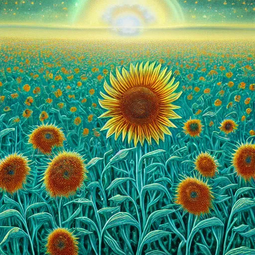Prompt: detailed, intricate teal and iridescent, bioluminescent sunflowers in the field, nebula, galaxy in the sky, winning award masterpiece, fantastically beautiful, illustration, aestheticly inspired, jacek yerka, upscale with anguissola sofonisba work, artstation, 8 k