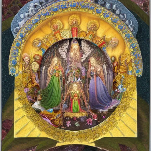 Image similar to photo of an intricately detailed representation of a accurate divine heavenly throne on a road of brilliant gemstone surround by epic angels. Colored graphite blended with colored oils miniature on vellum.